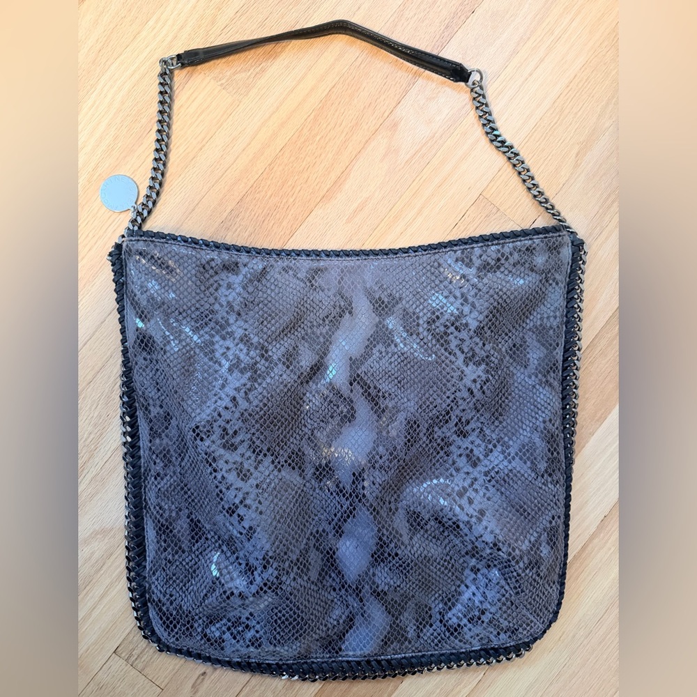 Stella McCartney Black Snake-Effect Shoulder Bag with Chain Trim